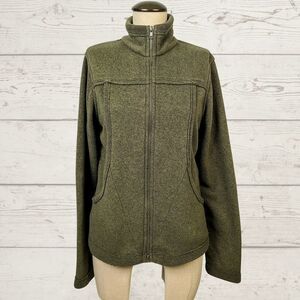 Prana Jacket L Olive‎ Green Stretch Knit Full Zip Collared Pockets Warm